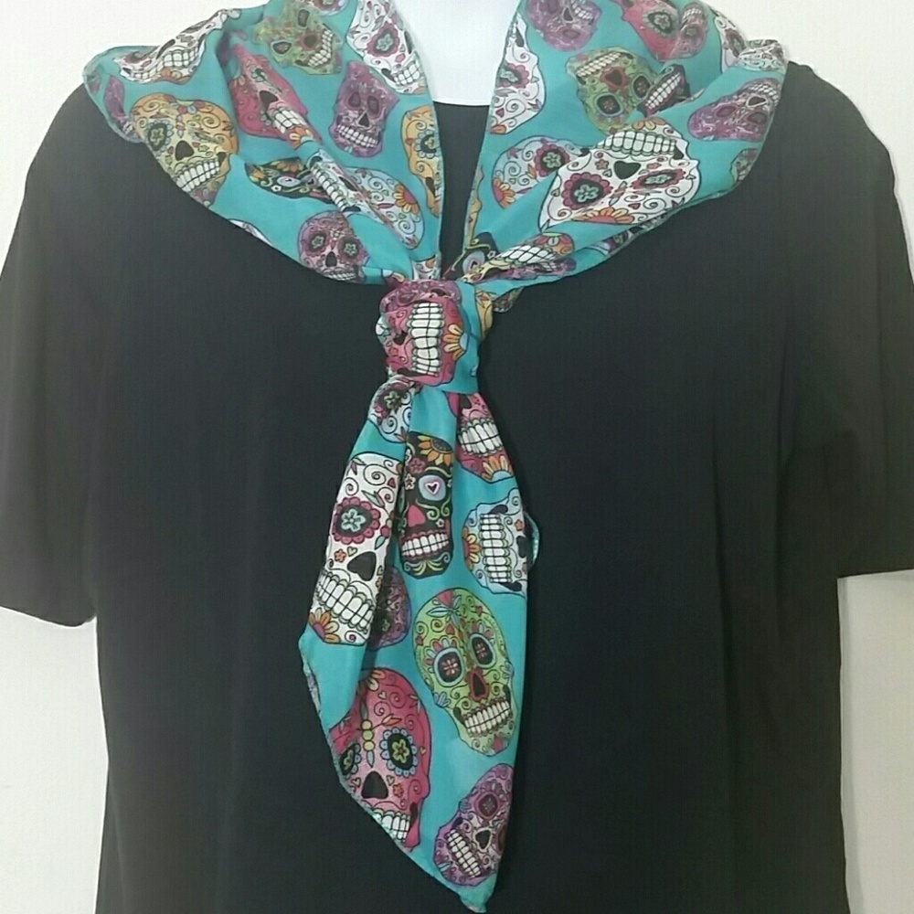 Scarf Sugar Skull Turquoise blue skeleton head NEW